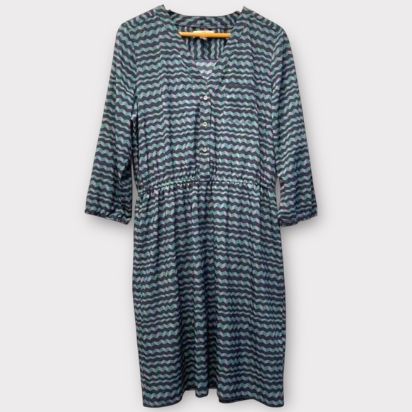 Lands‎ End Canvas Grey Green Geometric Pattern Cinch Waist Dress Tie Front Sz 14 - Picture 1 of 8